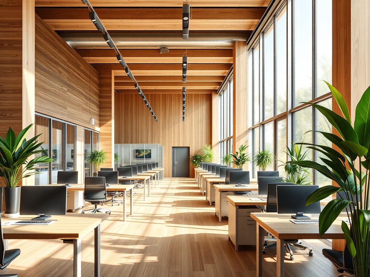 Moderner Büroinnenraum mit großen Fensterflächen und Arbeitsplätzen