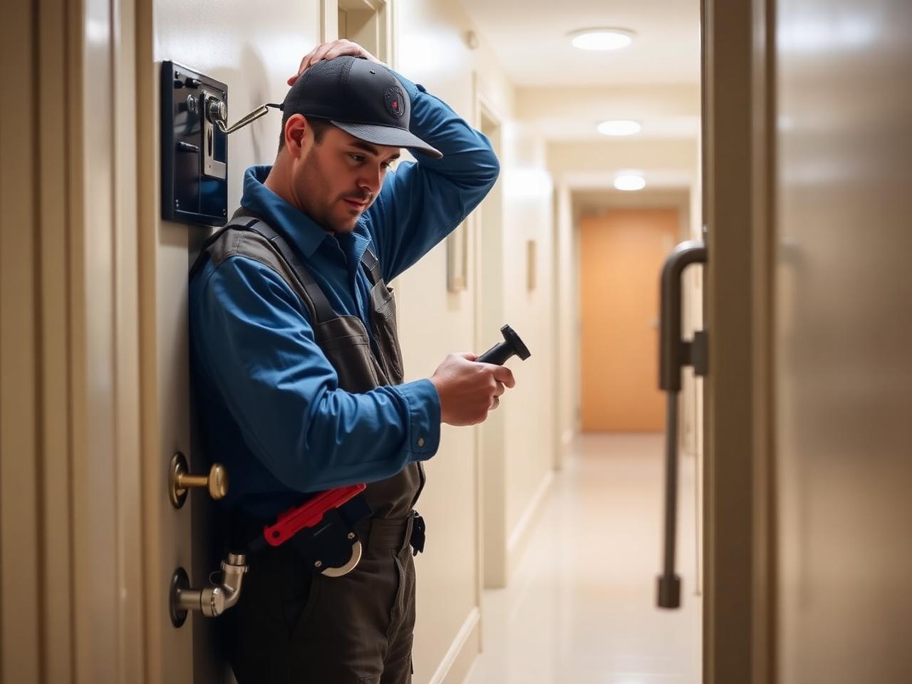Hausmeister führt eine kleine Reparatur in einem Wohngebäude durch