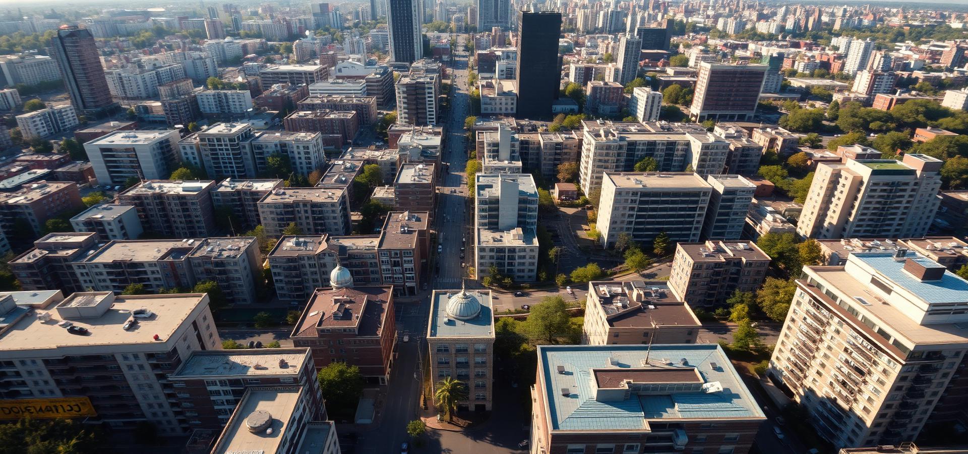 Luftaufnahme eines gemischten Stadtquartiers mit Wohnhäusern, Büros und Gewerbehallen