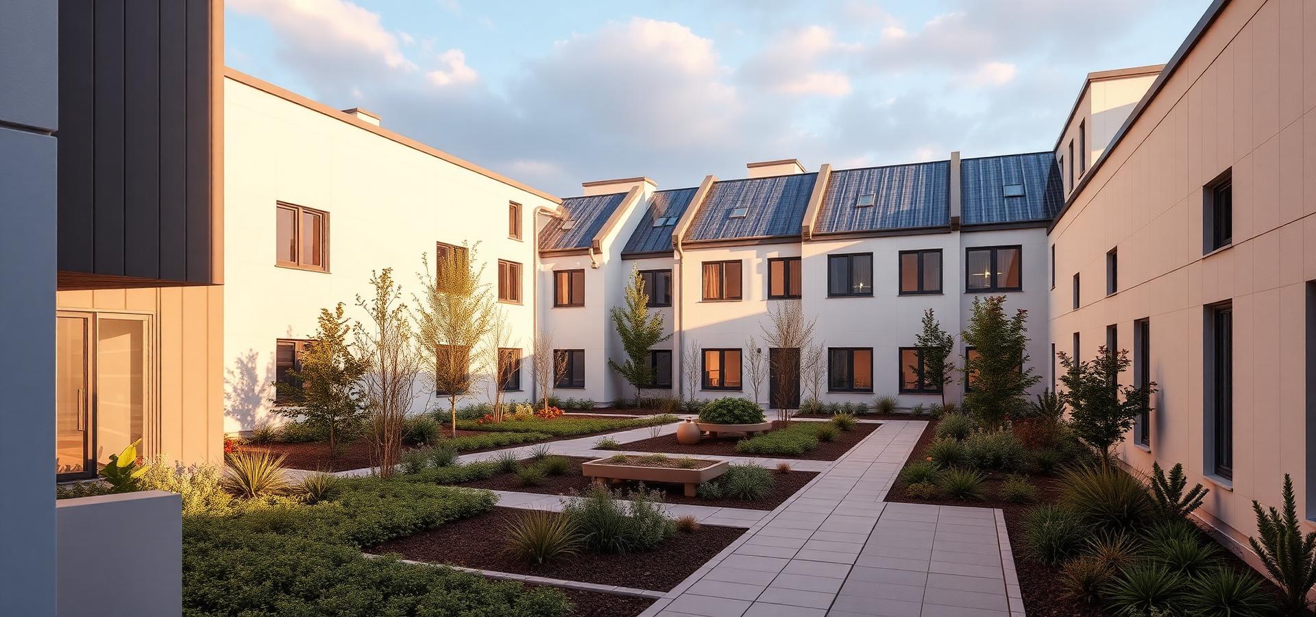Innenhof eines modernen Wohn- und Bürokomplexes mit begrünten Beeten