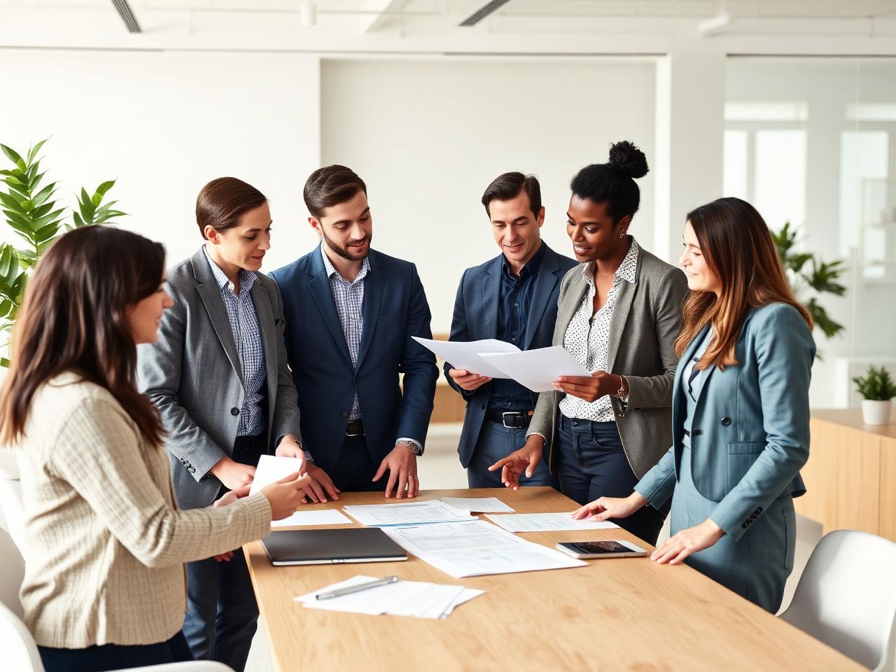 Kleines Team bespricht Unterlagen in einem hellen, modernen Büro