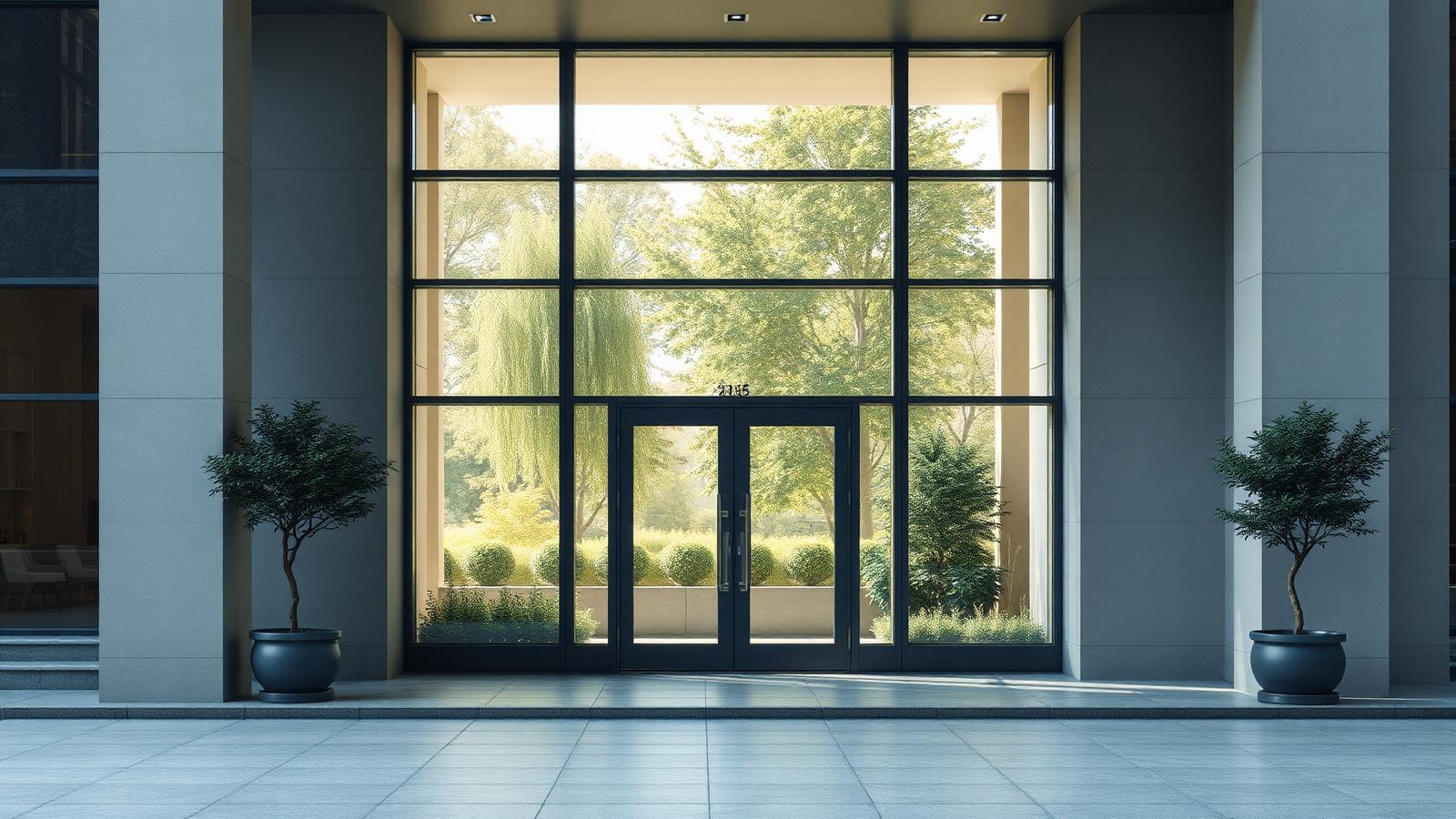 Ruhige Aufnahme eines modernen Gebäudeeingangs mit Glasfassade und Bepflanzung