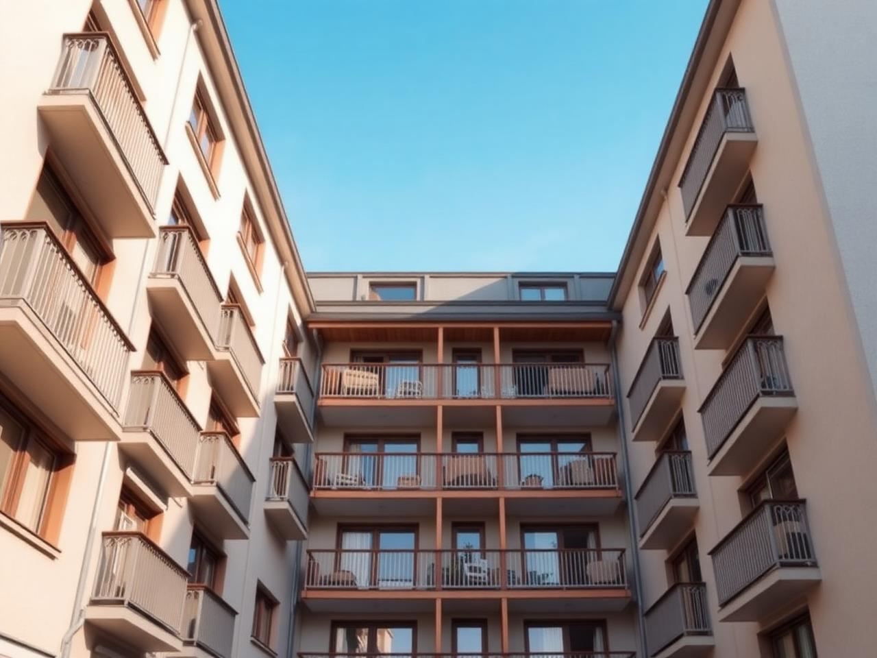 Modernes Mehrfamilienhaus mit Balkonen und heller Fassade