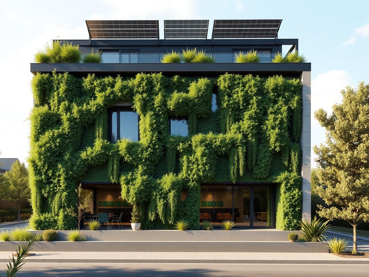 Nachhaltiges Gebäude mit begrünter Fassade und Solaranlage auf dem Dach