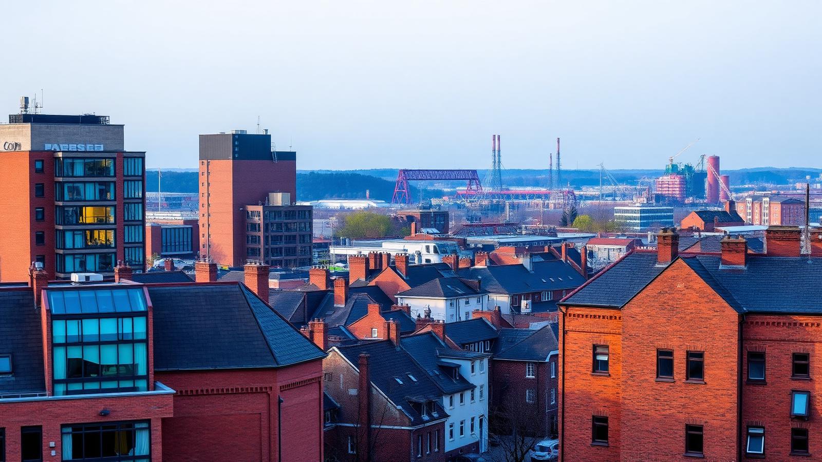Stadtansicht aus dem Ruhrgebiet mit Wohnhäusern und Industriearchitektur